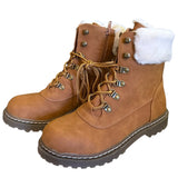 Front side of brown winter boots with white fur lining on a white background