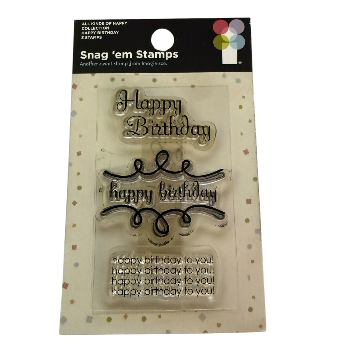 Snag Em Stamps clear Happy Birthday cling stamps on a dotted packaging with a white background. 