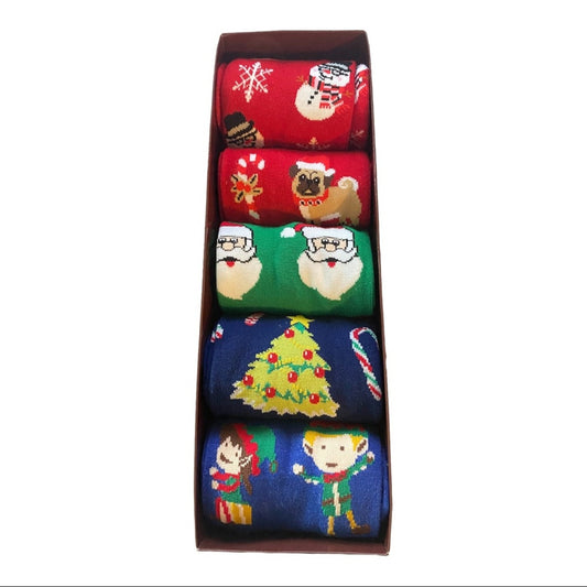 Set of Christmas-themed socks in a box with various designs including a snowman, pug, Santa Claus, Christmas tree, and elf.