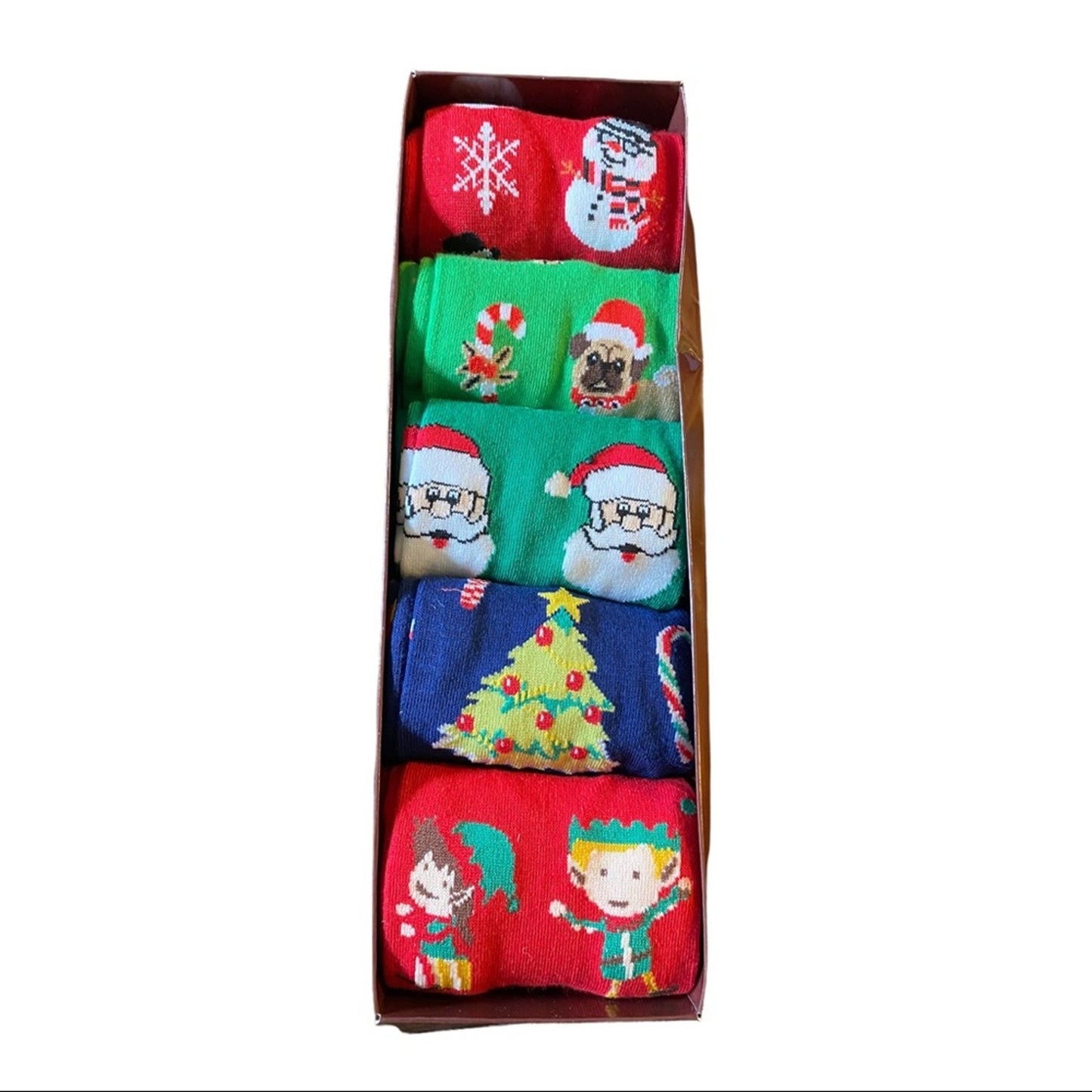 Box of Christmas-themed socks with various designs including Santa Claus, a pug, and an elf.
