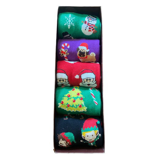 A set of six Christmas-themed socks in a black gift box, featuring various holiday patterns including Santa Claus, an elf, a snowman, a Christmas tree, and candy canes on green, purple, red, and navy backgrounds.