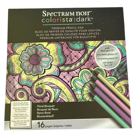 Spectrum Noir Colorista Dark premium pencil pad with floral design and pencils on a white background