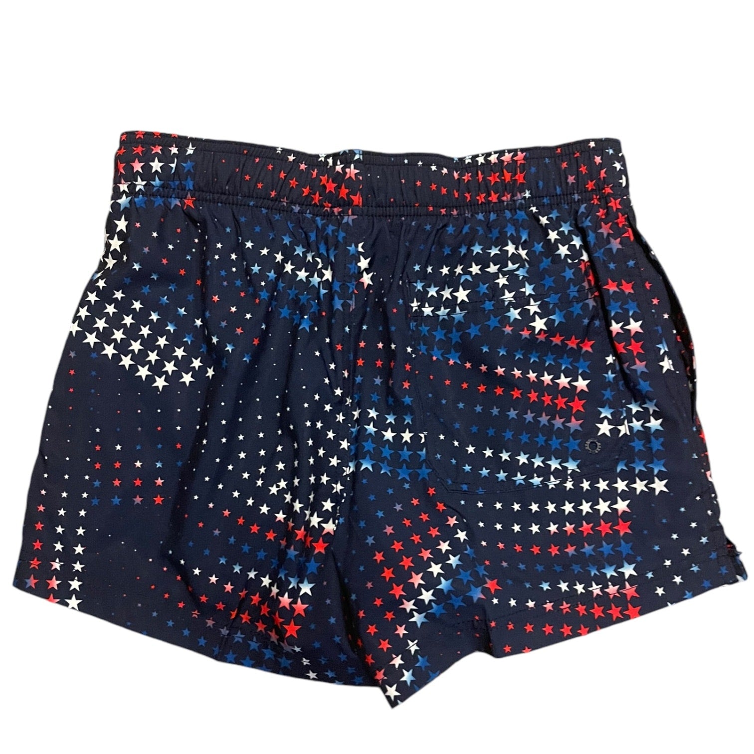 Back of navy shorts with red, white, and blue star pattern on a white background
