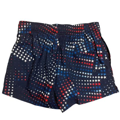 Back of navy shorts with red, white, and blue star pattern on a white background