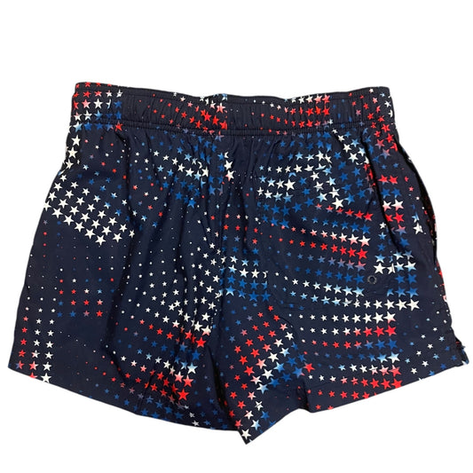 Back of navy shorts with red, white, and blue star pattern on a white background