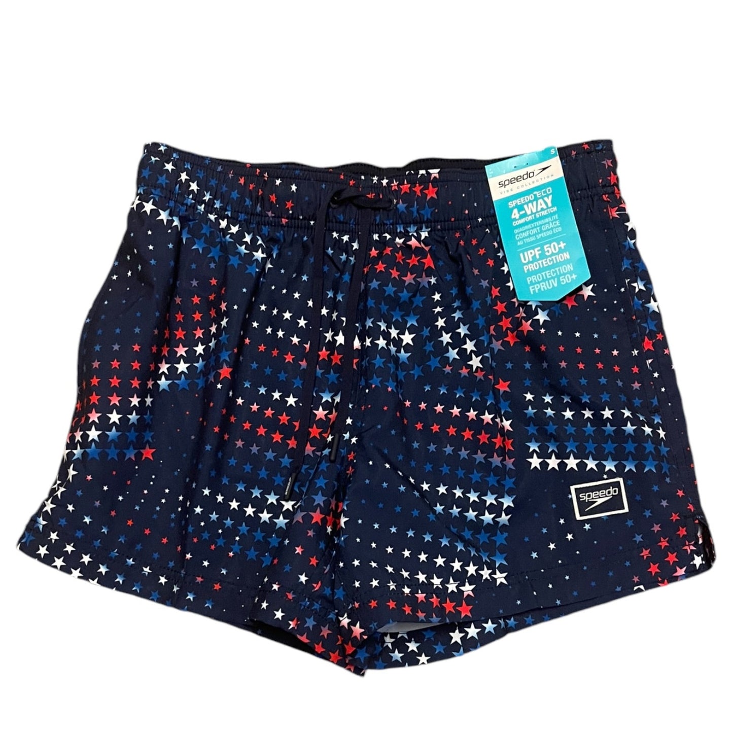 Navy shorts with red and white star pattern on a white background