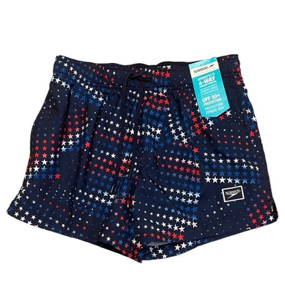 Navy shorts with red and white star pattern on a white background