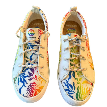 Front of Colorful sneakers with a rainbow pattern on a white background