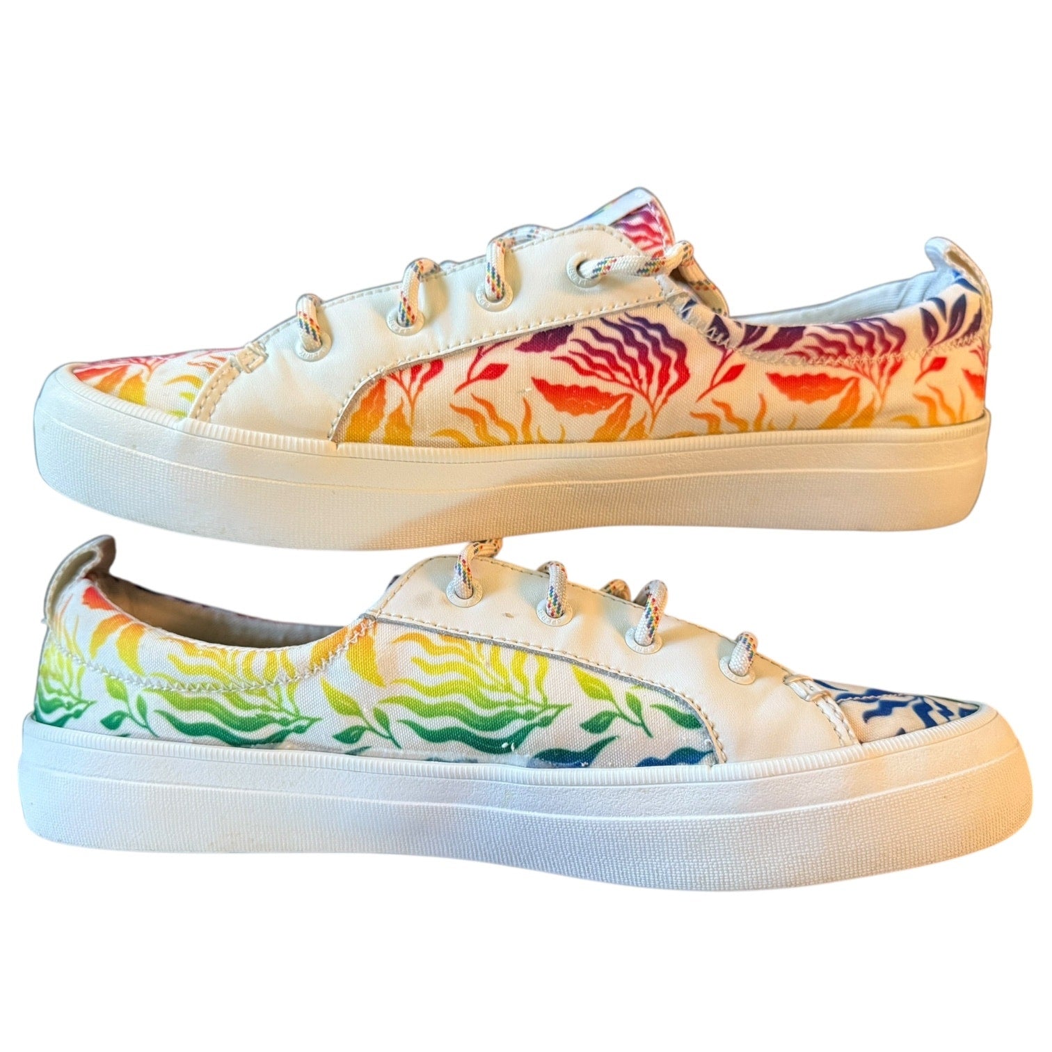 Side view of Colorful floral-patterned sneakers on a white background