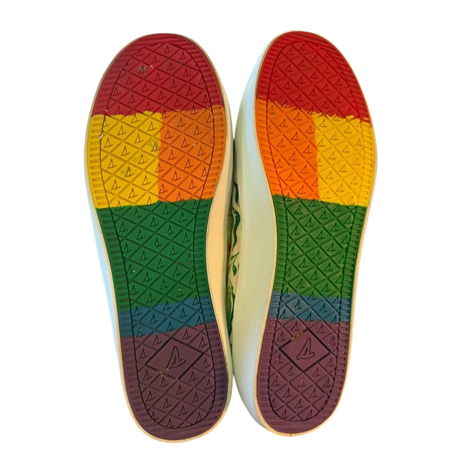 Colorful shoe sole with a rainbow pattern on a white background