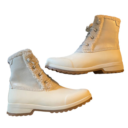 Side view of winter boots with fur trim on a white background