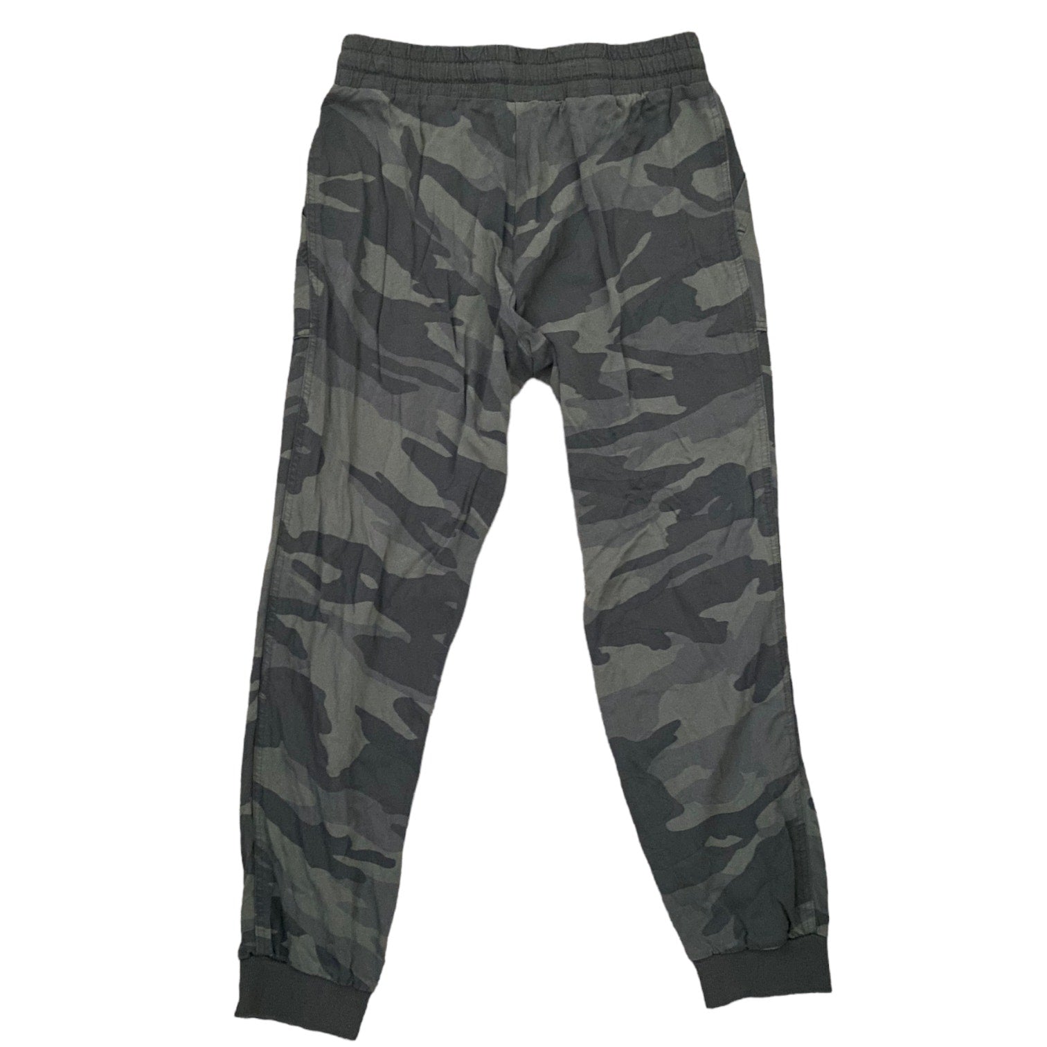 A pair of camouflage jogger pants with an elastic waistband and ribbed ankle cuffs, shown flat against a white background.