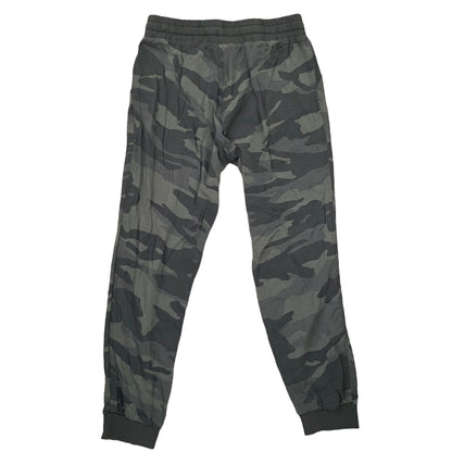 A pair of camouflage jogger pants with an elastic waistband and ribbed ankle cuffs, shown flat against a white background.