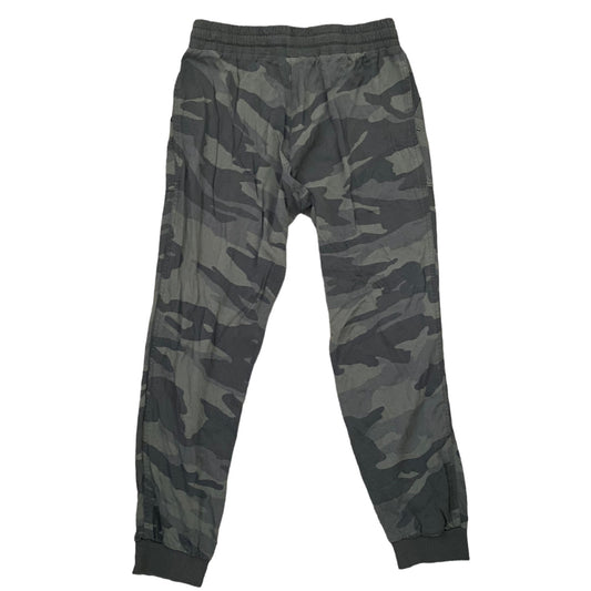 A pair of camouflage jogger pants with an elastic waistband and ribbed ankle cuffs, shown flat against a white background.