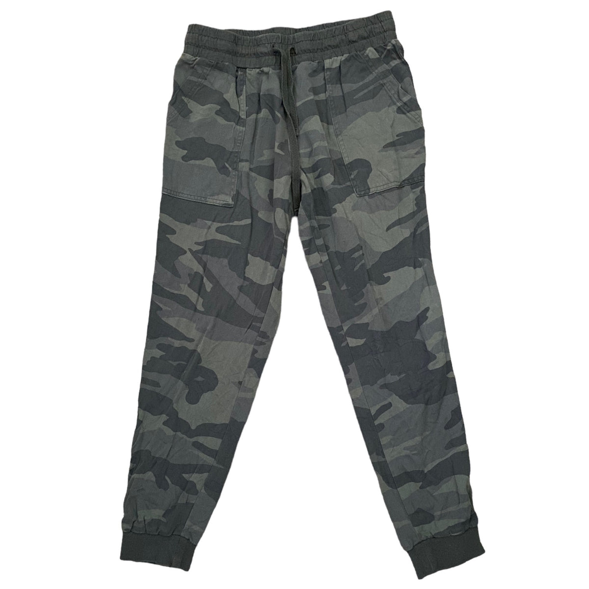 A pair of dark gray and green camouflage jogger pants with an elastic waistband, drawstring, and elastic cuffs, shown flat on a white background.