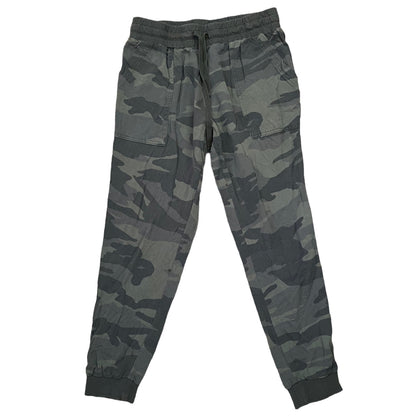 A pair of dark gray and green camouflage jogger pants with an elastic waistband, drawstring, and elastic cuffs, shown flat on a white background.