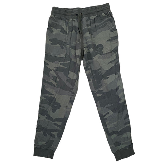 A pair of dark gray and green camouflage jogger pants with an elastic waistband, drawstring, and elastic cuffs, shown flat on a white background.