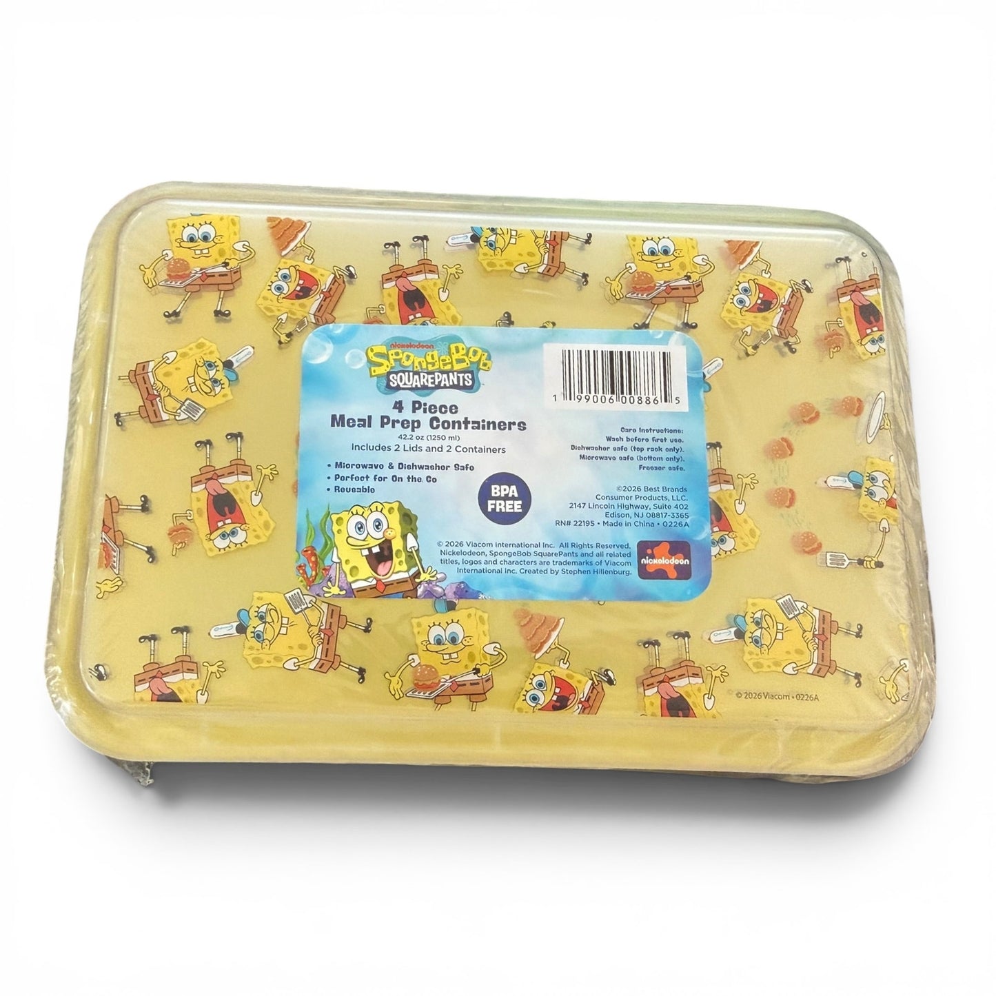 Packaged set of 4-piece meal prep containers with SpongeBob SquarePants design on a white background