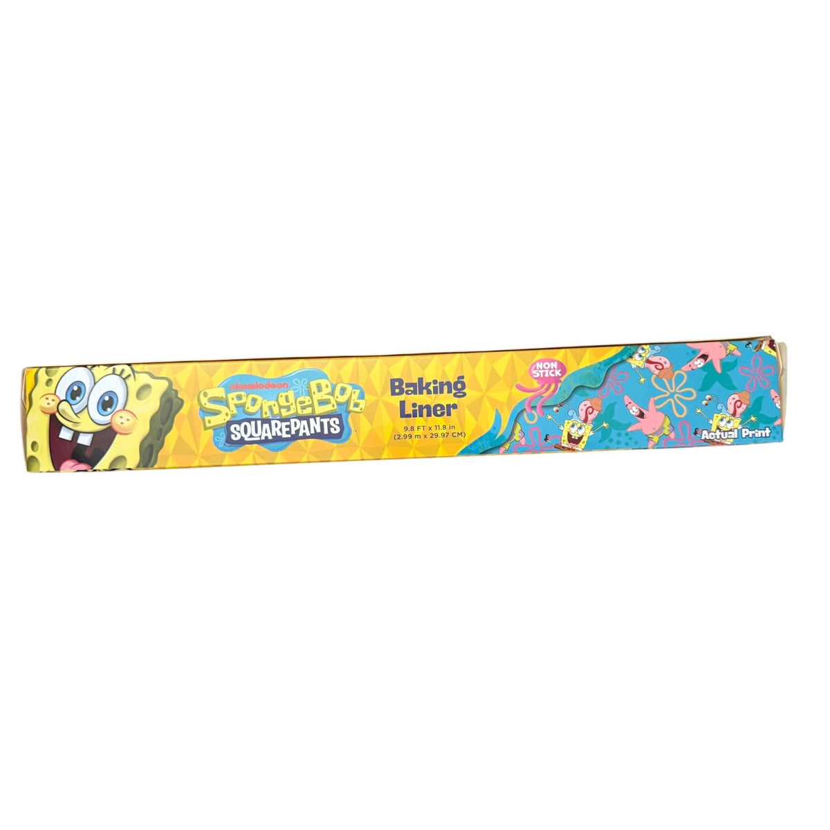 A long, narrow box of SpongeBob Square Pants baking liner, featuring colorful cartoon artwork of SpongeBob, Patrick, and other characters on a yellow and blue background.