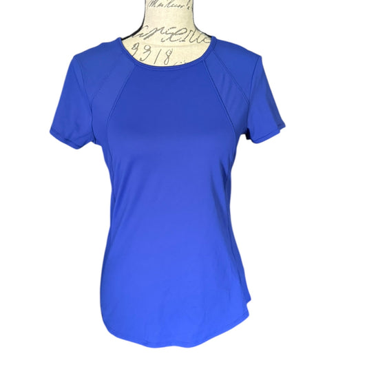 Purple short-sleeve top on a mannequin with a white background