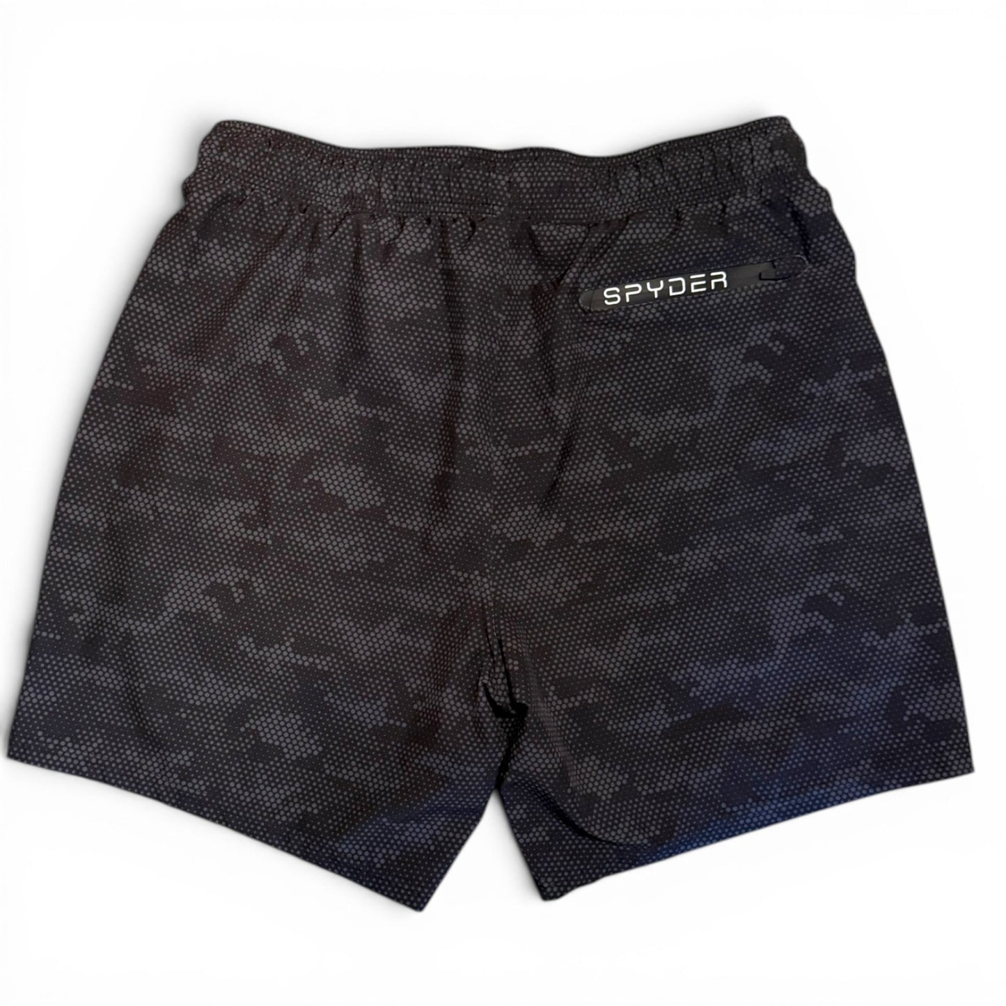 Back of Black patterned shorts with 'Spyder' branding on a white background
