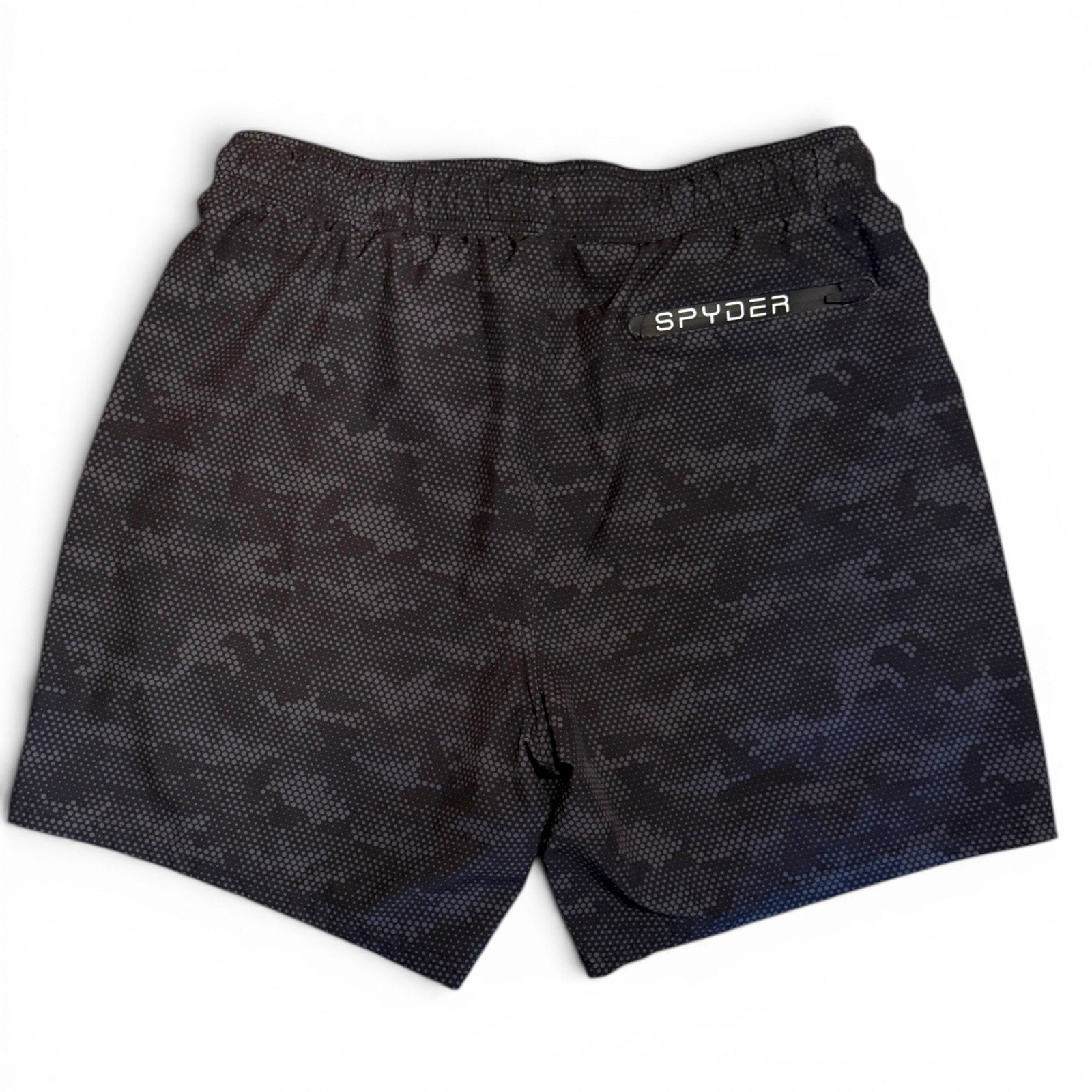 Back of Black patterned shorts with 'Spyder' branding on a white background