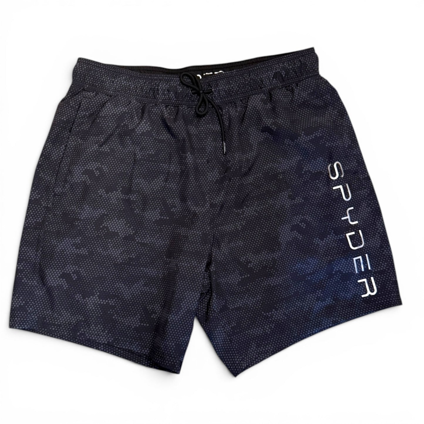 Front of Black patterned shorts with 'Spyder' branding on a white background