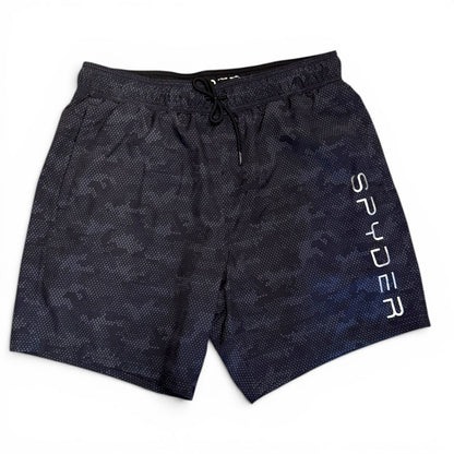 Front of Black patterned shorts with 'Spyder' branding on a white background