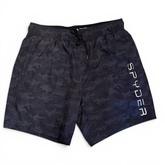 Front of Black patterned shorts with 'Spyder' branding on a white background