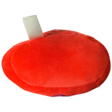 Bottom of Red plush toy with a white tag on a white background