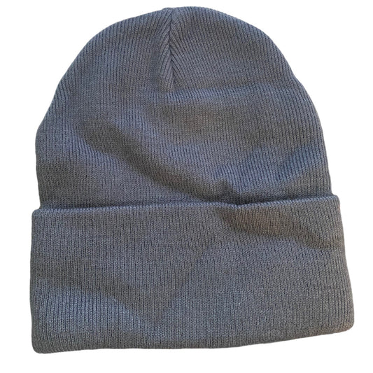 A knit beanie hat in a gray color, shown flat against a plain white background.