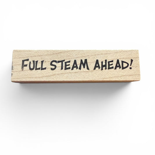 Wooden block with 'Full Steam Ahead!' text on a white background