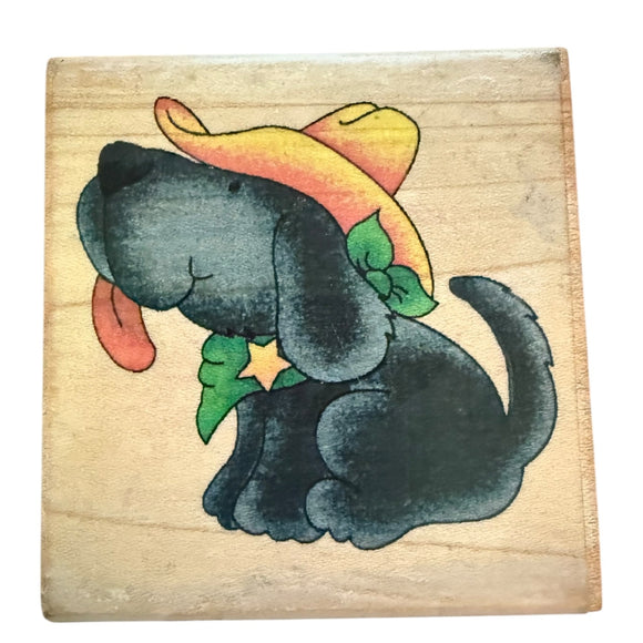 Illustration of a dog wearing a colorful hat on a wooden block