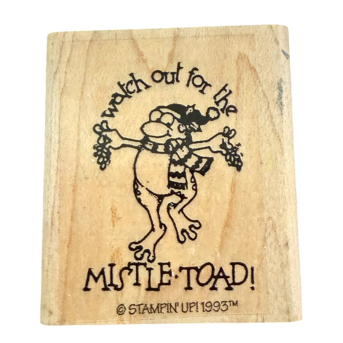 A rectangular wooden stamp block featuring a mischievous toad wearing a Santa hat and scarf, with the text 'watch out for the MISTLE TOAD!' and '© STAMPIN' UP! 1993™' on a plain white background.