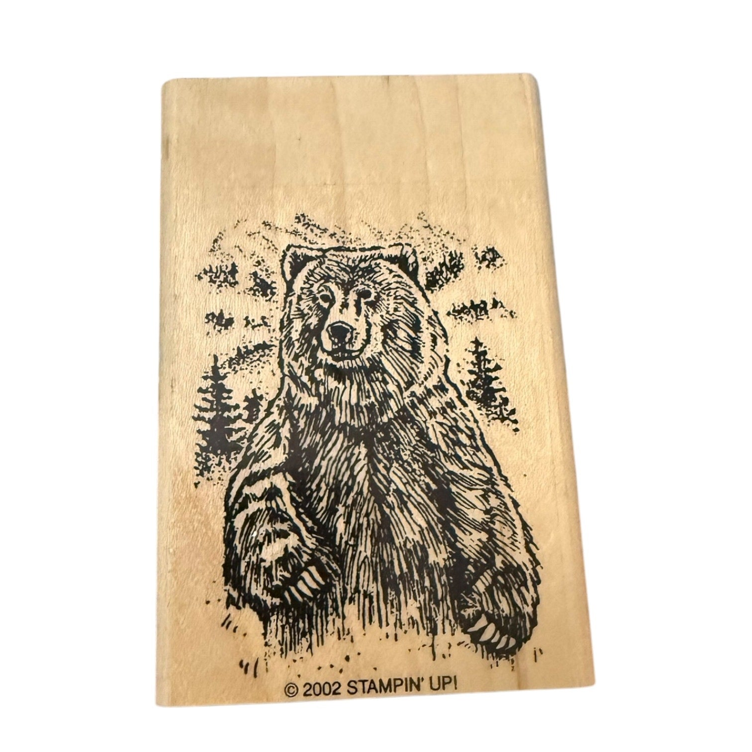Wooden stamp with a bear design and 'Stampin' Up!' branding on a white background