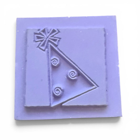 Purple square stamp with party design on a white background