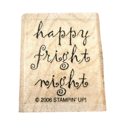 Rubber stamp with 'happy fright night' text on a beige background, featuring the Stampin' Up! logo.