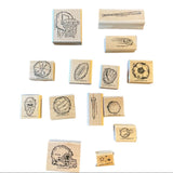 Collection of sports-themed rubber stamps on a white background