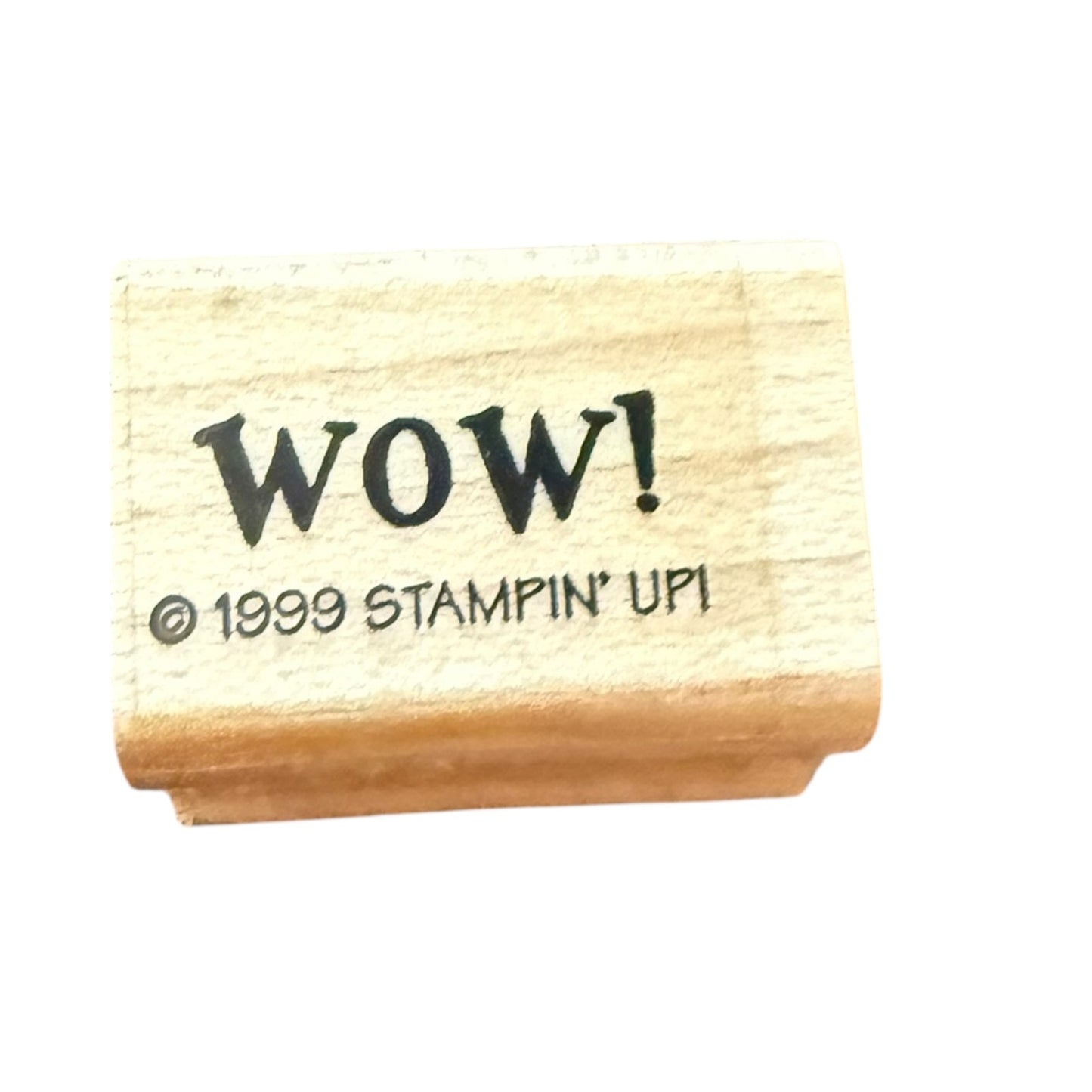 Wooden stamp with 'WOW!' text and 'Stampin' Up!' branding on a white background