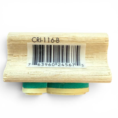 Wooden block with a barcode label on a white background