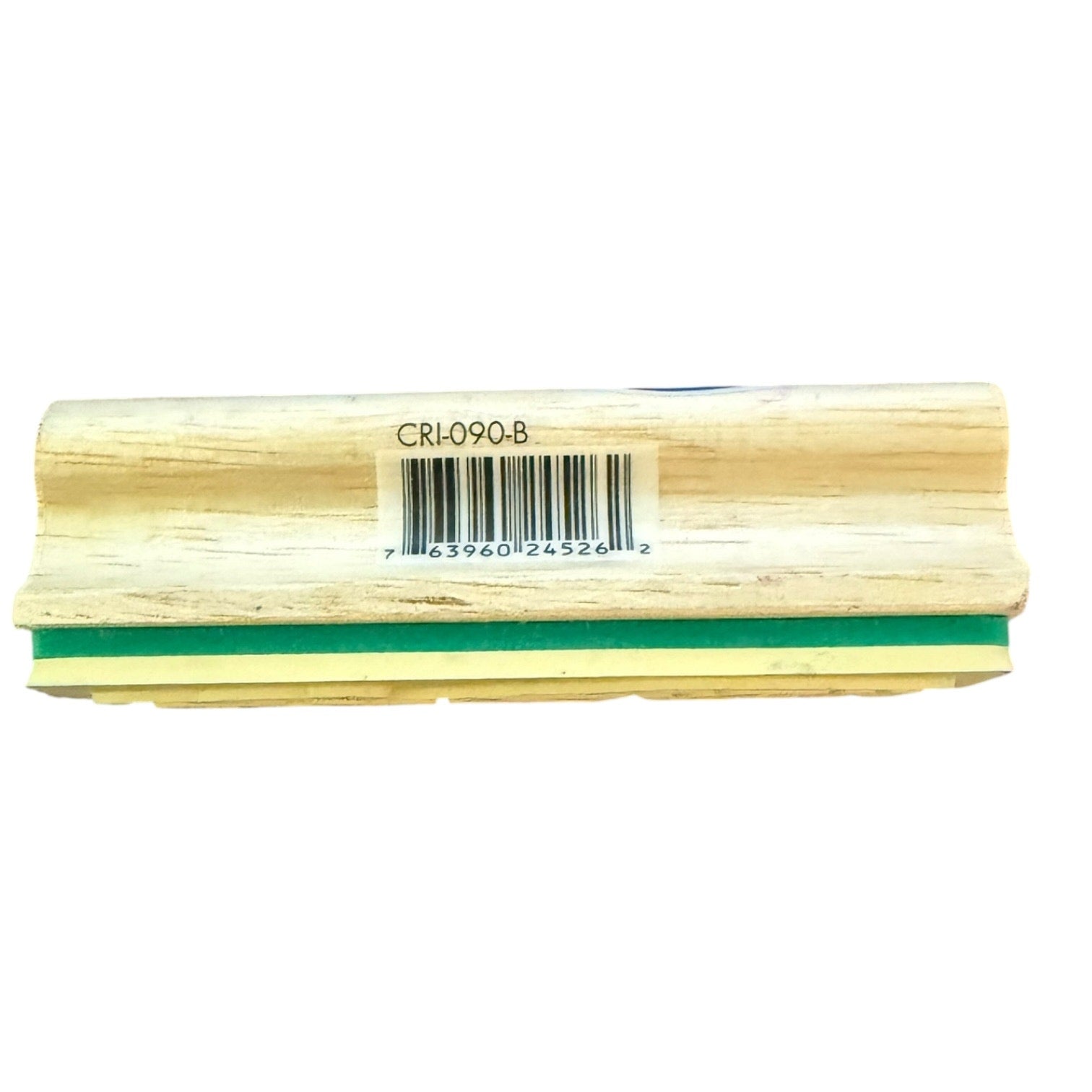 A close-up of a light natural wood trim piece with a green stripe and a barcode label reading CRL-090-B, set against a plain white background.