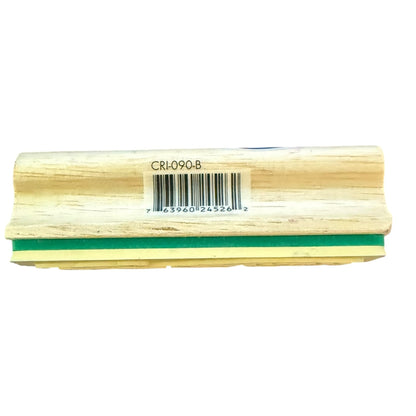 A close-up of a light natural wood trim piece with a green stripe and a barcode label reading CRL-090-B, set against a plain white background.