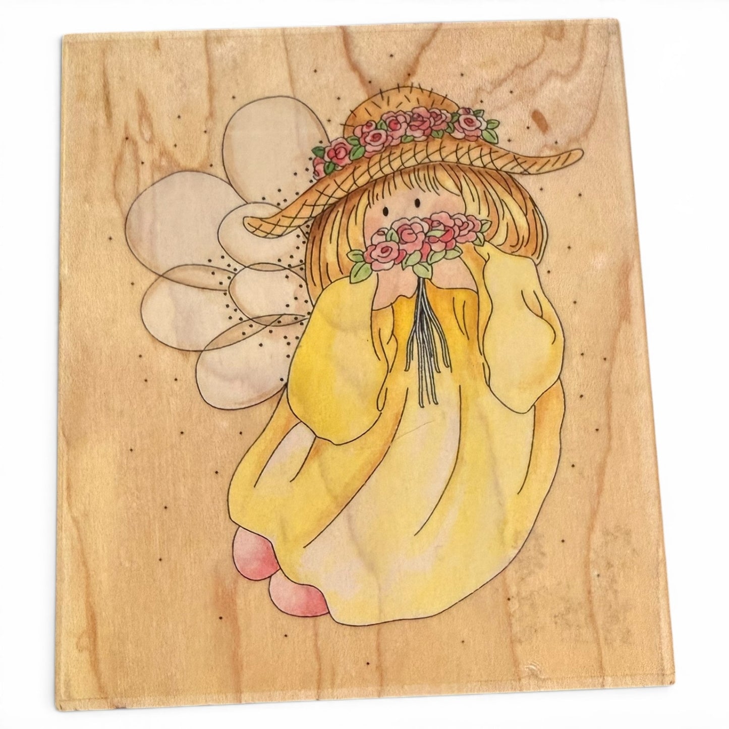 Illustration of a girl in a yellow dress and flower hat on a wooden background