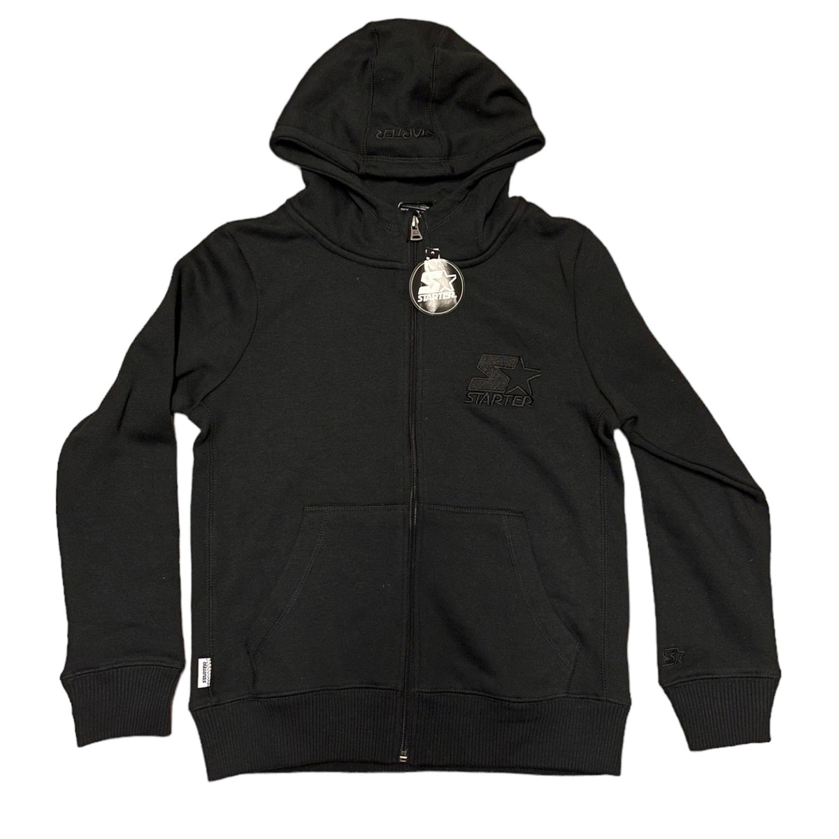 A black full-zip hoodie with a tonal embroidered Starter logo on the left chest, featuring a silver-tone metal zipper pull .