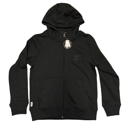 A black full-zip hoodie with a tonal embroidered Starter logo on the left chest, featuring a silver-tone metal zipper pull .