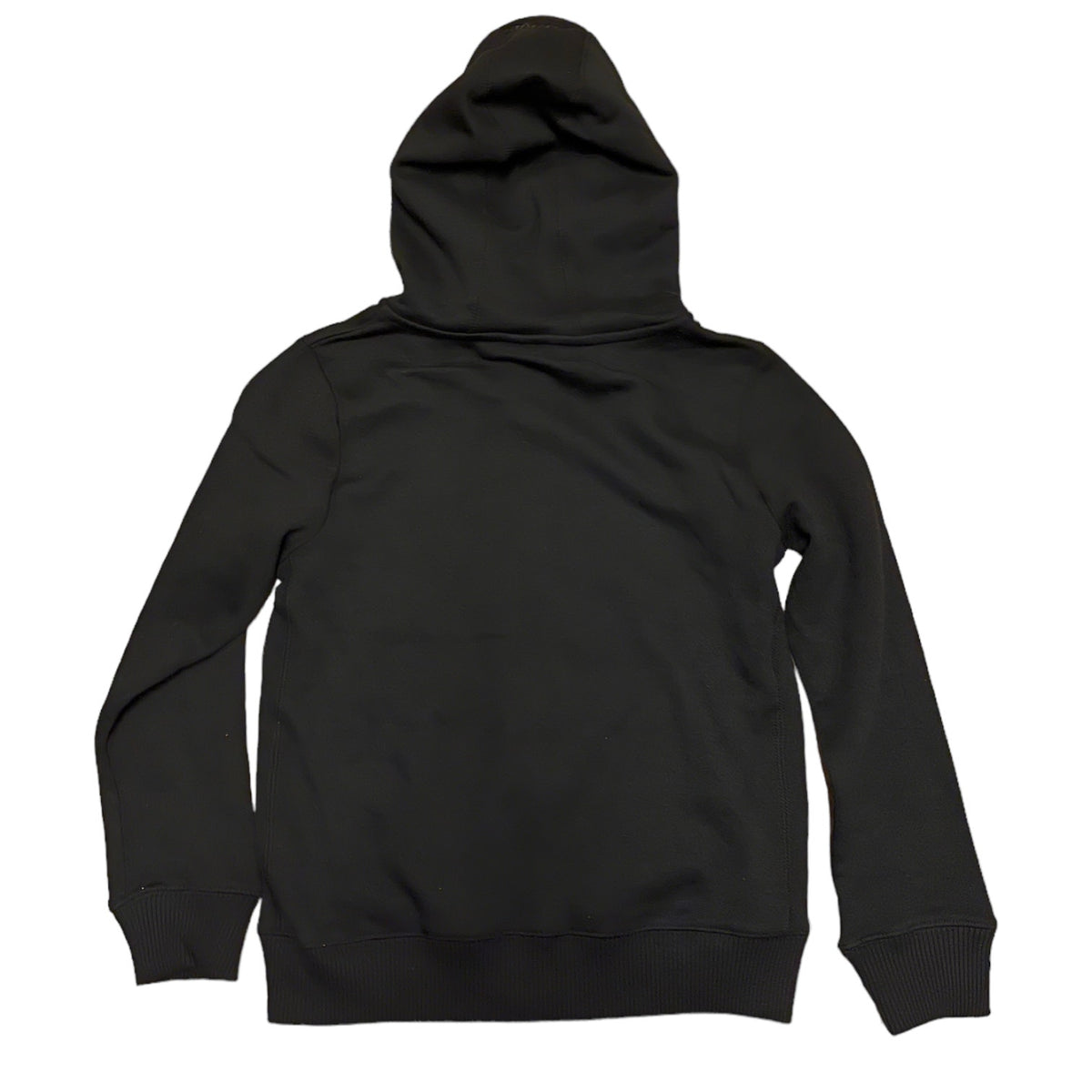A black zipper hoodie shown from the back, laid flat against a solid white background.