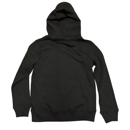 A black zipper hoodie shown from the back, laid flat against a solid white background.