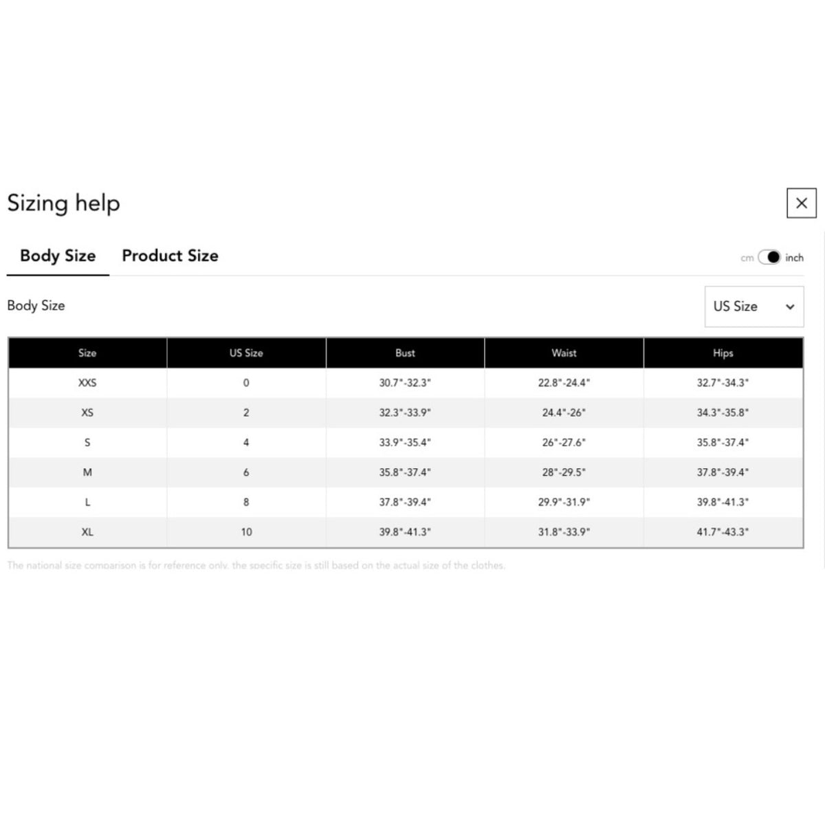 A sizing chart table labeled 'Body Size' and 'Product Size' showing sizes XXS through XL with bust, waist, and hip measurements in centimeters and inches.