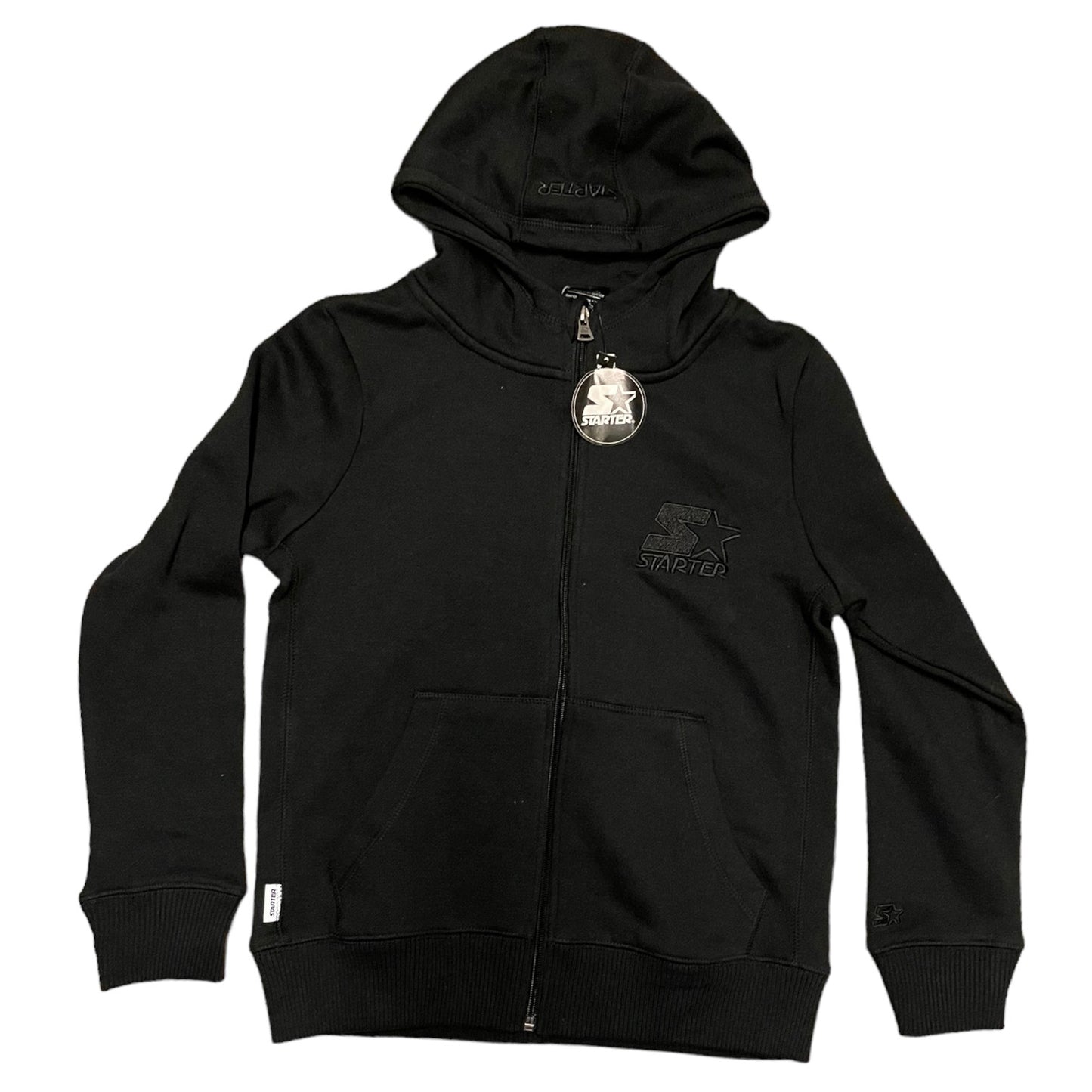A black full-zip hoodie with a hood, ribbed cuffs and hem, featuring a prominent circular paper Starter logo  on the front zipper and a tonal black embroidered Starter logo on the left chest.