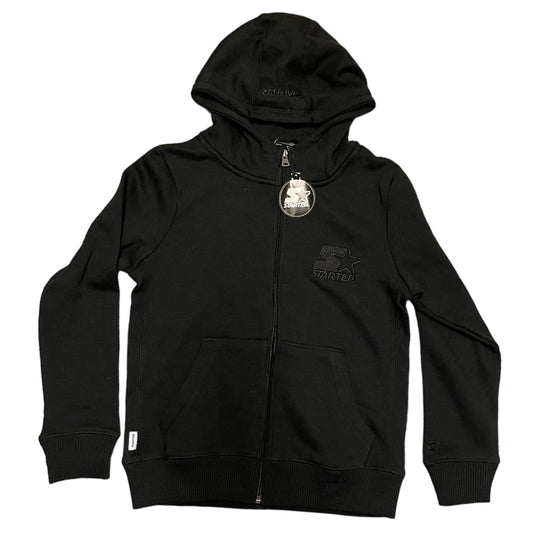 A black full-zip hoodie with a hood, ribbed cuffs and hem, featuring a prominent circular paper Starter logo  on the front zipper and a tonal black embroidered Starter logo on the left chest.